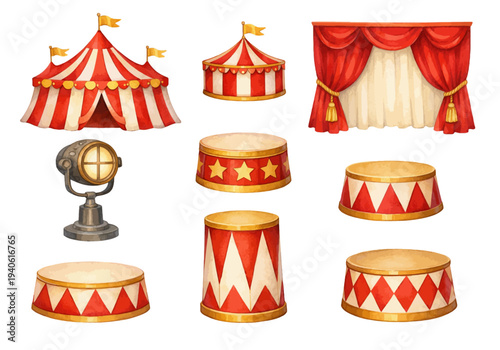 A charming watercolor collection of circus elements with striped tents, stage curtains, spotlights, and performance pedestals for vintage circus illustrations and carnival design.