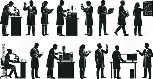 Silhouettes of scientists and laboratory researchers working with microscopes,computers, and medical equipment in a professional clinical lab setting for scientific research development