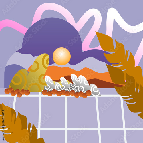 Abstract Tropical Sunset Landscape with Ocean Waves and Mountains Vector