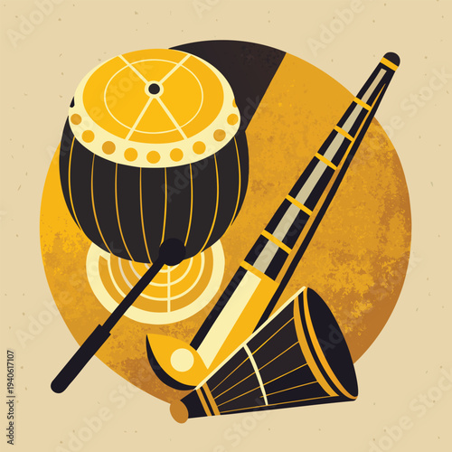Indian Percussion and Wind Instruments Arranged Abstractly Traditional Music Concept Stock Illustration