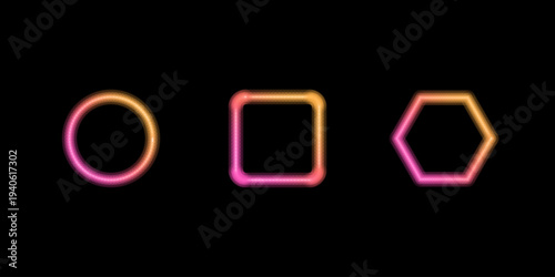 Three glowing geometric shapes, a circle, square, and hexagon, display vibrant orange and pink neon hues