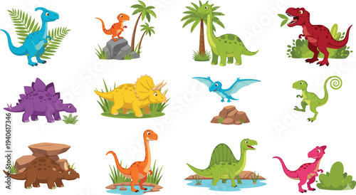 Cartoon dinosaurs in colorful playful scenes including stegosaurus, triceratops, pterosaur, spinosaurus, and long‑necked designs