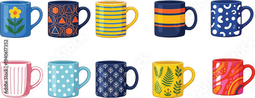 Set of colorful ceramic coffee mugs with various patterns including floral, geometric, stripes, polka dots, and botanical leaves isolated on a white background.