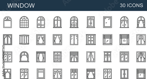 Window outline icon set with various house window styles including arched, sliding, and curtain frames isolated on white background for architecture and interior design