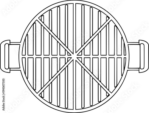 Black outline of a round grill grate with handles a white background barbecue cooking