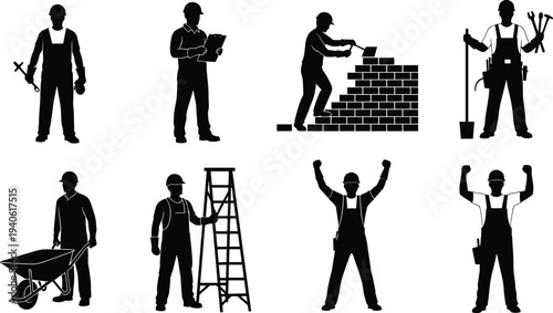 Collection of black silhouettes featuring male construction workers in various poses like building walls, carrying tools, and climbing ladders.
