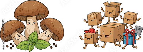 Cartoon mushrooms with basil and pepper plus smiling boxes and containers in playful design