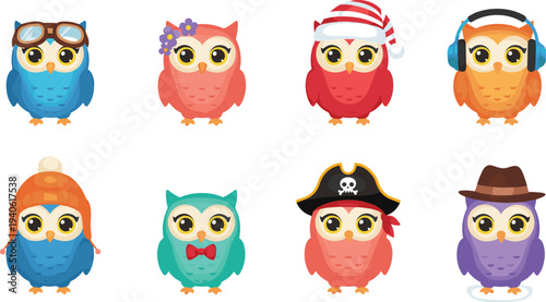 Cartoon owls with colorful accessories including goggles, flowers, hats, headphones, and bow tie in playful children’s design