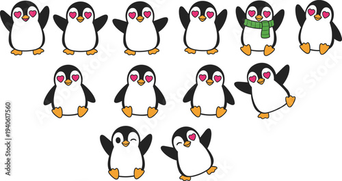 Cartoon penguins with heart eyes in playful winter love design for cheerful children’s projects