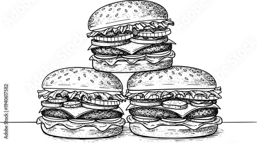 Stacked Hand Drawn Black and White Hamburgers with Lettuce Tomato Onion Cheese and Sesame Seed Buns