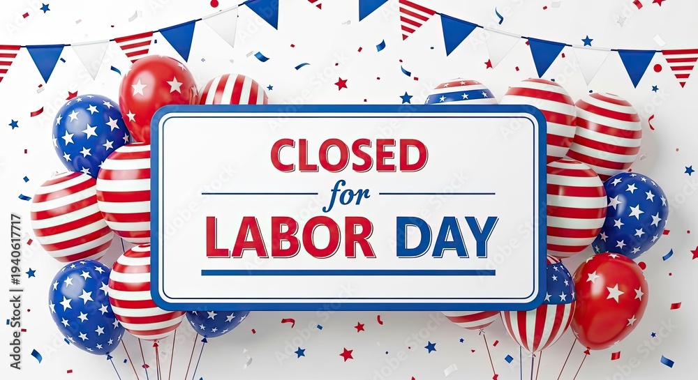 Obraz premium Labor day closure notice with patriotic balloons and banners