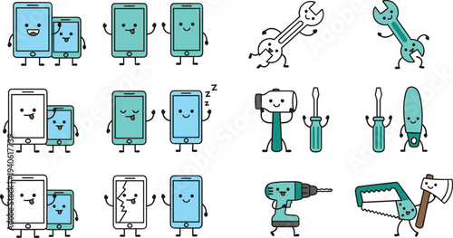 Cartoon smartphones and tools with smiling faces in playful technology and repair children’s design