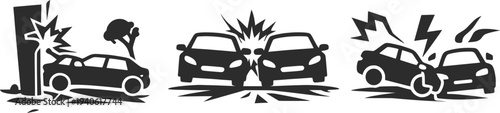 Car Crash Accident Icons Set Road Collision and Vehicle Damage Illustration.