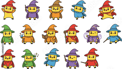 Cartoon wizards with colorful hats, robes, and magical items in whimsical fantasy children’s design