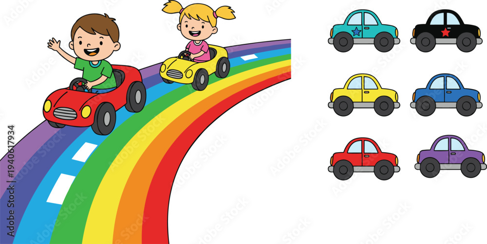 Obraz premium Cute cartoon boy and girl driving colorful toy cars on a bright rainbow road with vehicle icons set vector illustration.