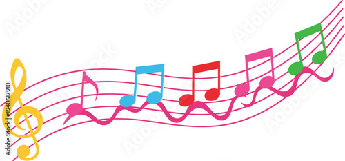 Colorful musical notes on a wavy pink staff with a yellow treble clef for creative melody and song education background.