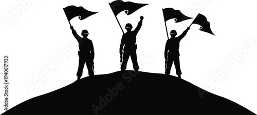 Black silhouette illustration of three brave soldiers standing on a hill holding waving flags and raising arms in victory isolated on white background.