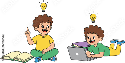 Cute cartoon boy student having a creative idea while reading a book and researching on a laptop for school education vector.