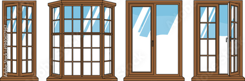Wooden house windows set with different styles including bay window and open frame isolated on white background for architecture and home design concepts