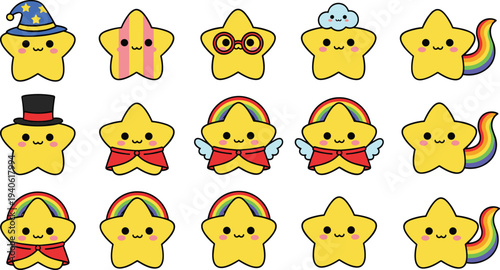 Large set of cute yellow star cartoon characters with wizard hat rainbow wings and funny faces for children stickers vector.