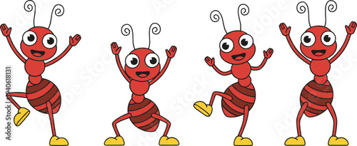 Set of cute red ant cartoon characters dancing and posing happily for children book illustrations and educational designs.