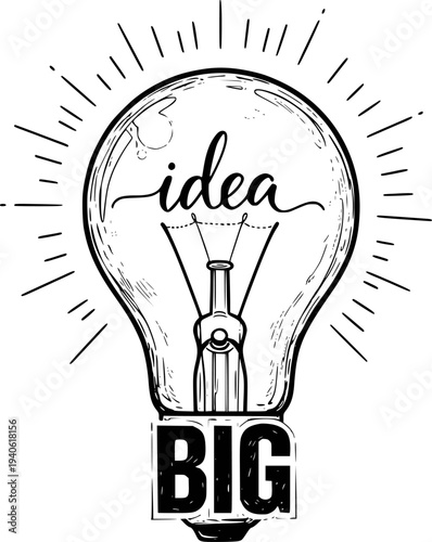 Hand Drawn Light Bulb With The Word Idea Inside And Big Below White Background lightbulb