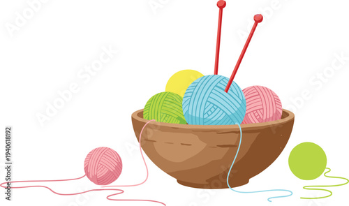 Wooden bowl with colorful yarn balls and knitting needles in cheerful craft design for textile and hobby projects