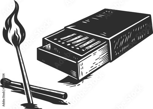 Lit Matchstick and Matchbox Illustration, Fire Starter Safety Line Art Drawing.