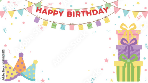 Cartoon birthday scene with banners, gifts, party hats, confetti, and streamers in festive children’s design