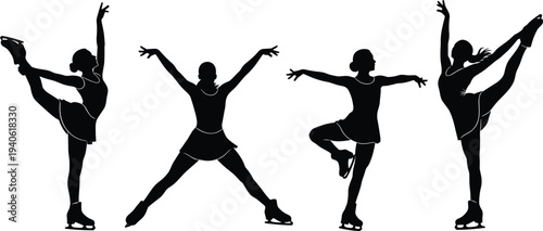 Figure skater silhouettes collection ice skating poses athlete vector illustration set