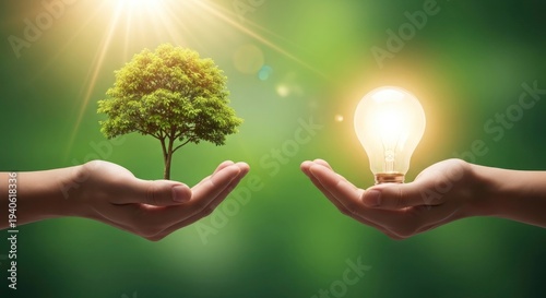 Hands holding a tree and a glowing light bulb against a green background