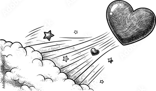 Hand Drawn Heart Flying Through Clouds and Stars with Motion Lines love
