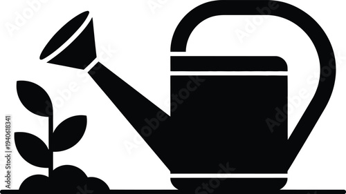 Black vector watering can and plant icon
