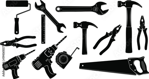 Collection of professional construction and handyman tool silhouettes including power drills, hammers, saws, pliers, and wrenches on white.