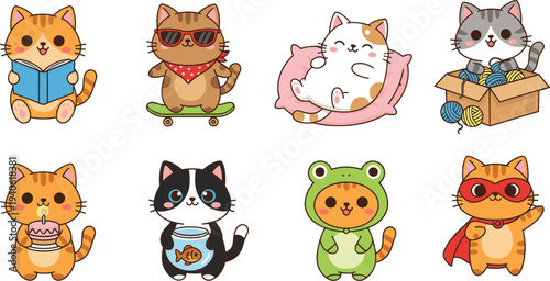 Cartoon cats reading, skateboarding, relaxing, playing, and dressed in costumes for playful children’s design