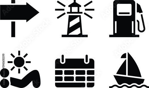 navigation, direction, lighthouse, beacon, fuel, gas, station, calendar, vacation, travel, sailing, boat, tourism, maritime, holiday, summer, schedule, guidance, service, icons