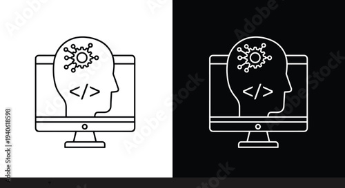Programming and artificial intelligence concept, human head with code inside computer monitor, software development technology icon flat vector illustration