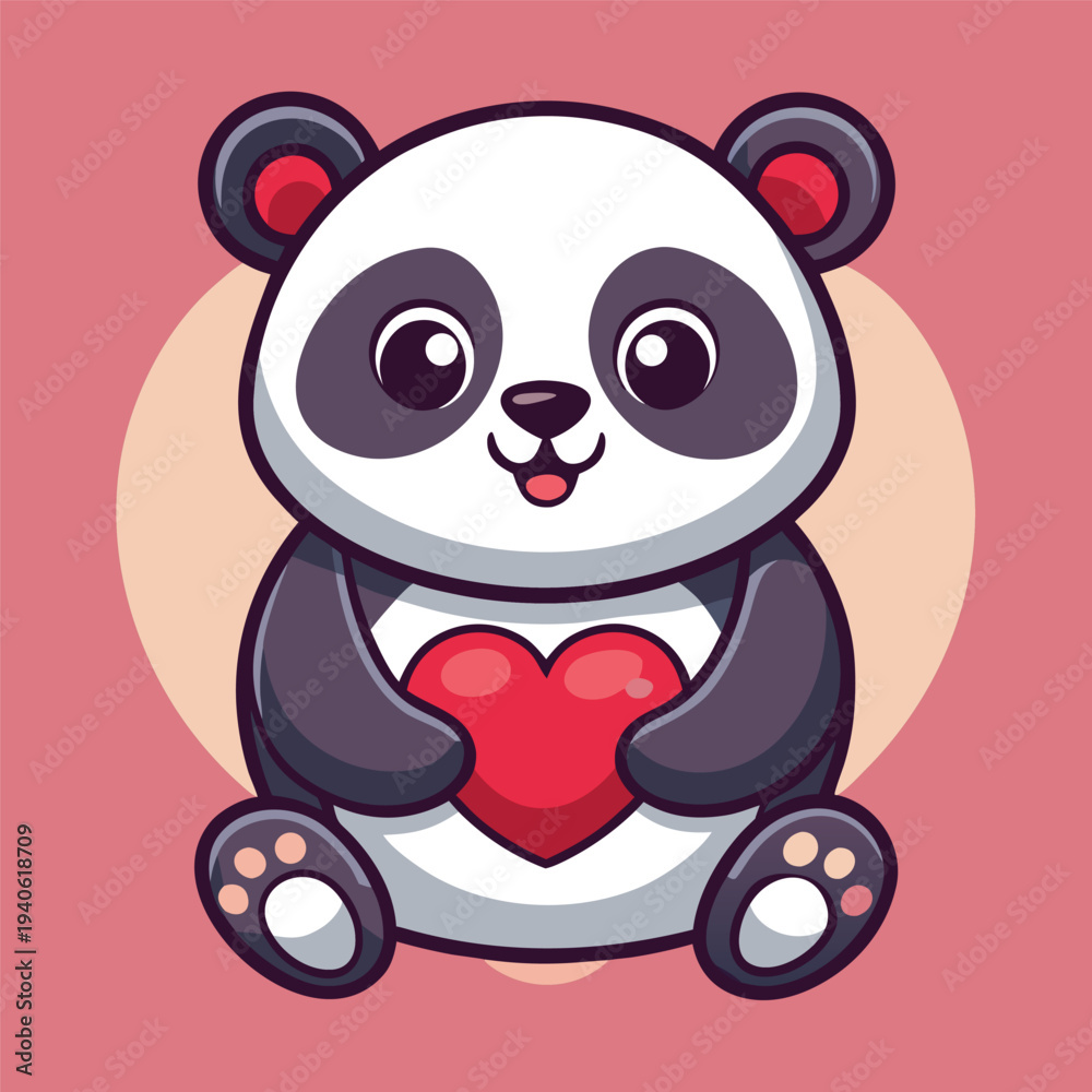 Obraz premium Cute Panda Holding Red Heart Love Cartoon Vector Illustration