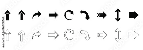 A collection of 16 black arrow icons on a white background with varying shapes and directions