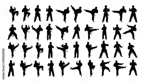 A collection of black silhouettes of people performing various martial arts moves
