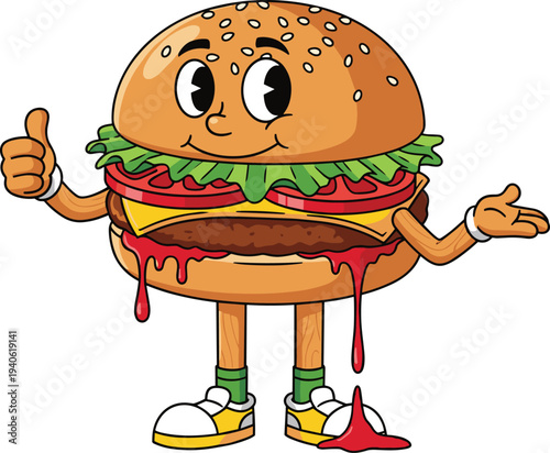 Cute cartoon hamburger mascot character with a smiling face giving a thumbs up and standing on white background