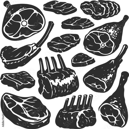 Assorted Meat Cuts Butcher Steak Collection Food Illustration.
