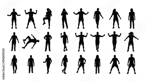 A collection of black silhouettes of people in various poses