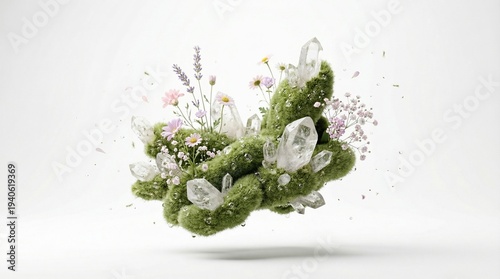 A macro shot of vibrant green moss and delicate spring flora isolated against a black background captures the beauty of nature in bloom