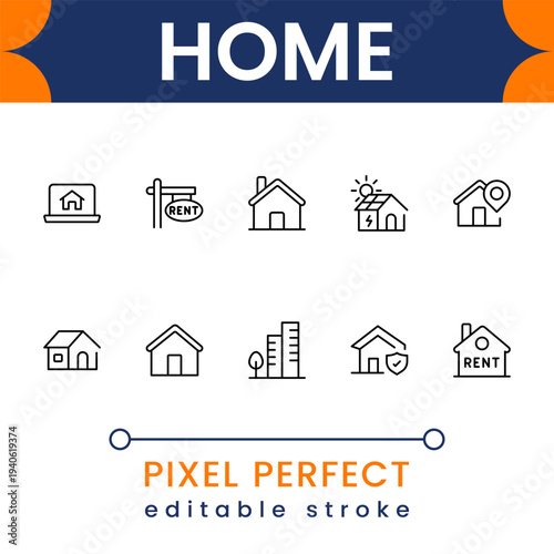 Flat home icon collection with house building, real estate property and smart home symbols clean modern vector set