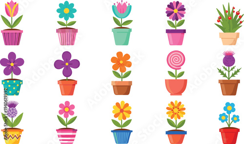 Colorful cartoon potted flowers collection decorative flower pots houseplants vector illustration set