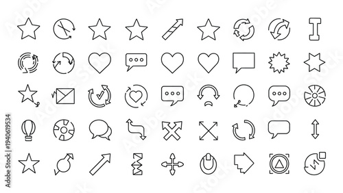 A collection of various black icons on a white background