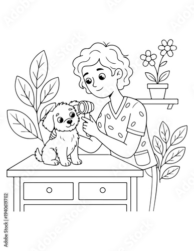 Vector illustration of woman grooming a dog