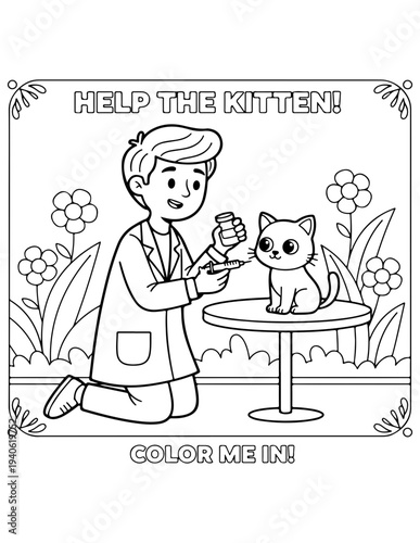 Coloring page of a doctor helping a kitten, vector illustration