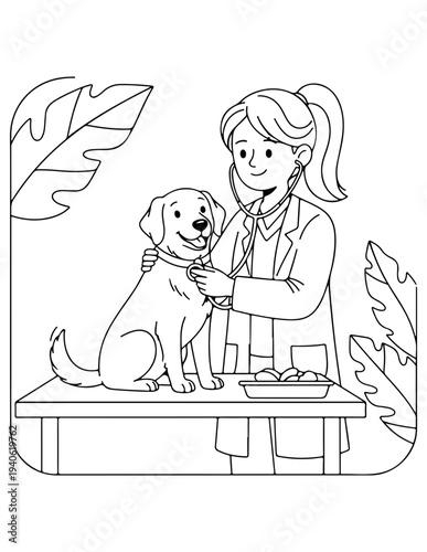 Vector illustration of woman veterinarian with dog on examination table